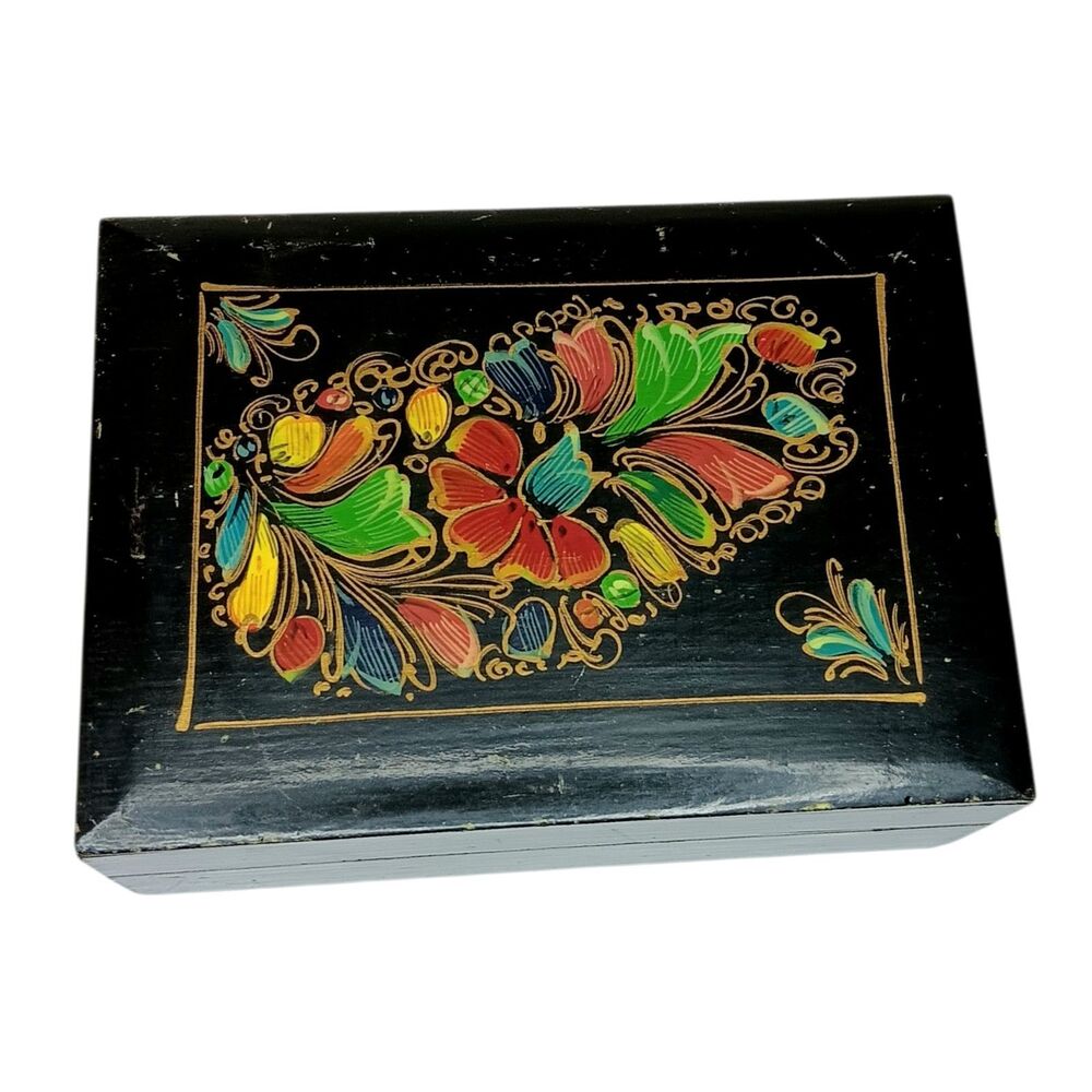 Wooden Jewelry Or Trinket Box Black With Colorful Flowers Handpainted VTG 6x4.25